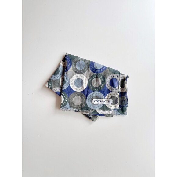 COACH Blue Grey Green Circle Logo Motif Cotton Voile 68" x 20" Rectangle Scarf - Picture 1 of 10